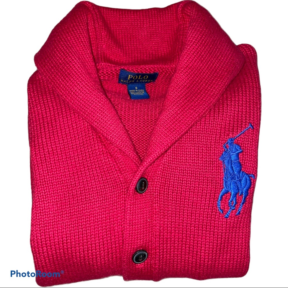 Polo by Ralph Lauren Pink Knit Shawl Collar Sweater with Blue Pony